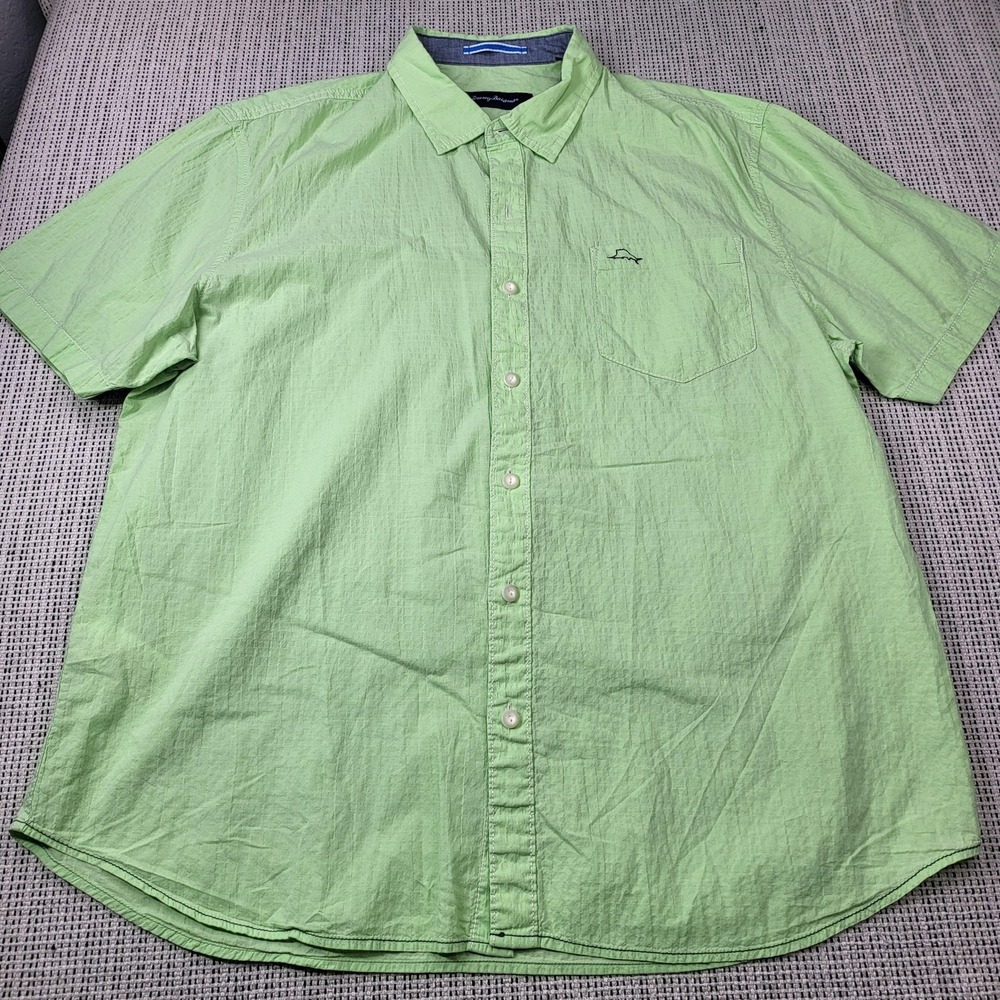 Tommy Bahama Shirt Mens XL Green Solid Short Sleeve Button‎ Front Casual Summer